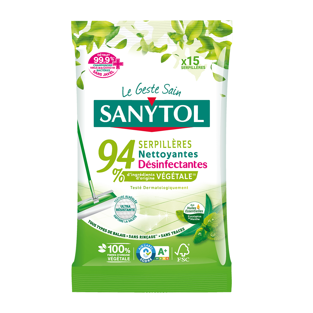 Serpillères Nettoyantes Désinfectantes 94% d'origine Végétale Eucalyptus &  Menthe