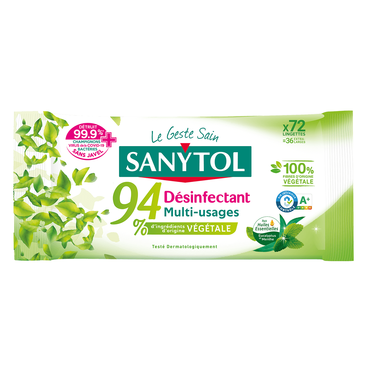 Lingettes désinfectantes multi-usages Sanytol 94 % végétal, eucalyptus et  menthe - Paquet de 72 sur