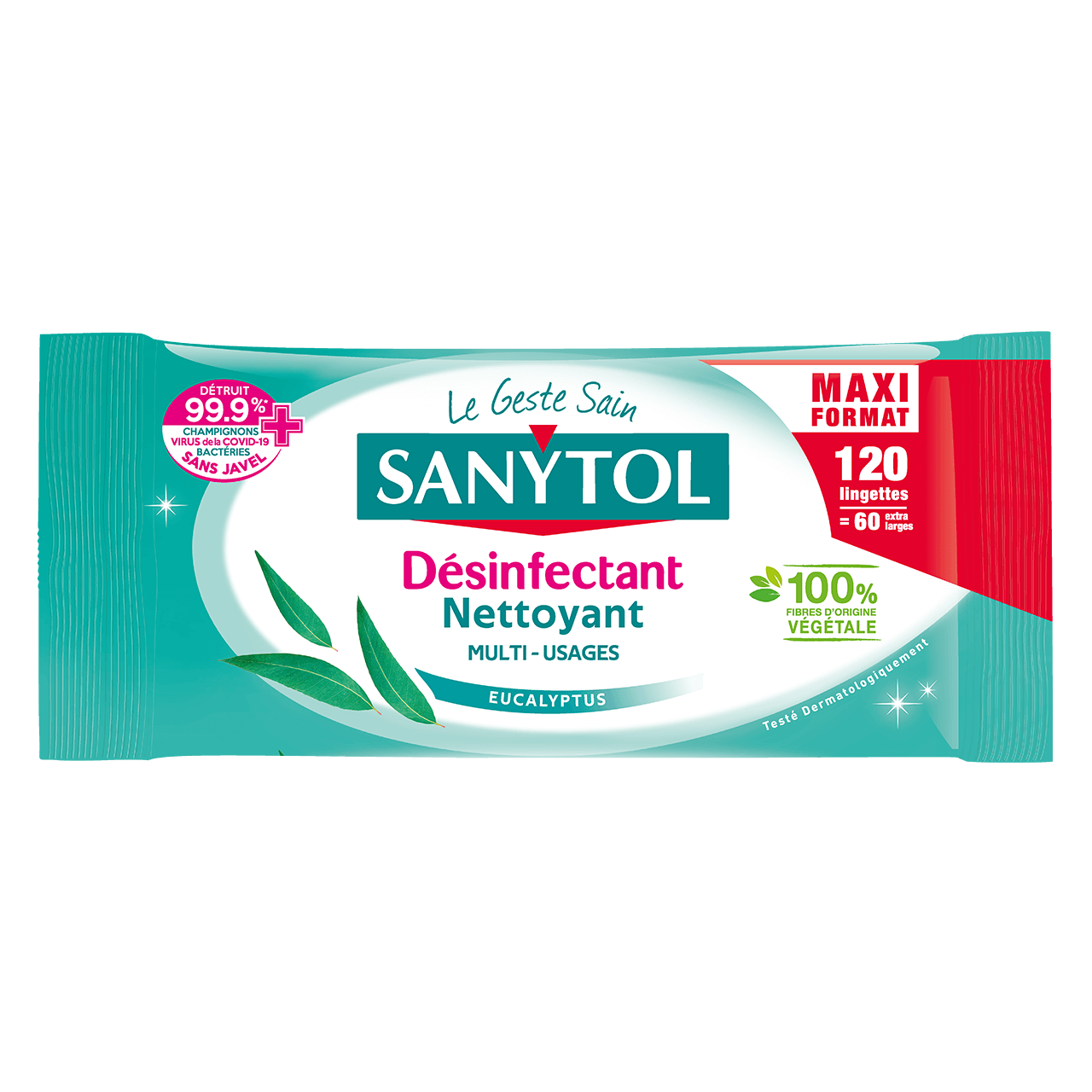 Lingettes désinfectantes multi-usages eucalyptus, Sanytol MAXI FORMAT (x  120)