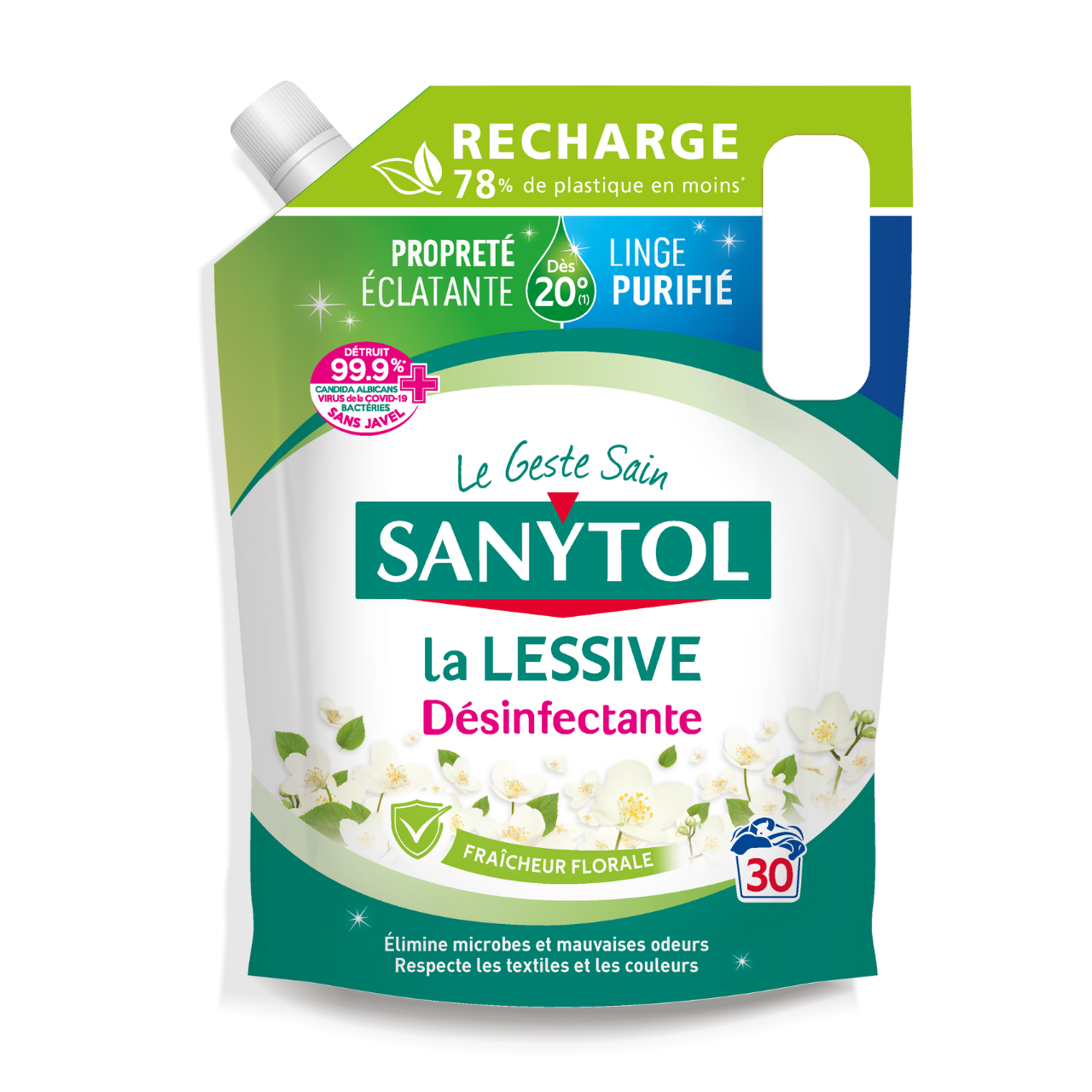 Lessive désinfectante Sanytol Fleurs Blanches, Produit nettoyant pour le  linge