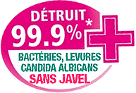 Détruit 99.9% des bactéries, levures, candida albicans