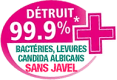 Détruit 99.9% des bactéries, levures, candida albicans